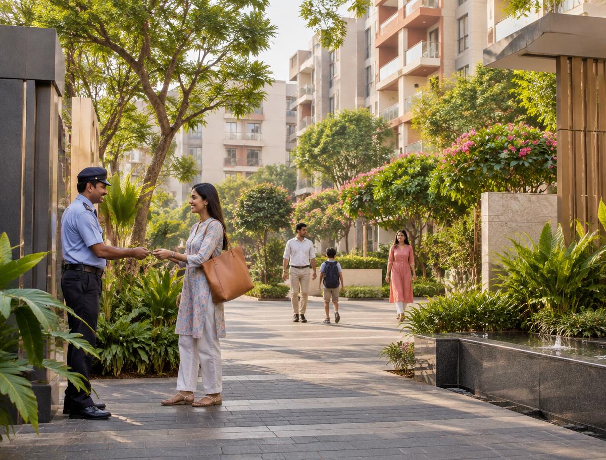 A resident and security team member coordinating at a community entrance