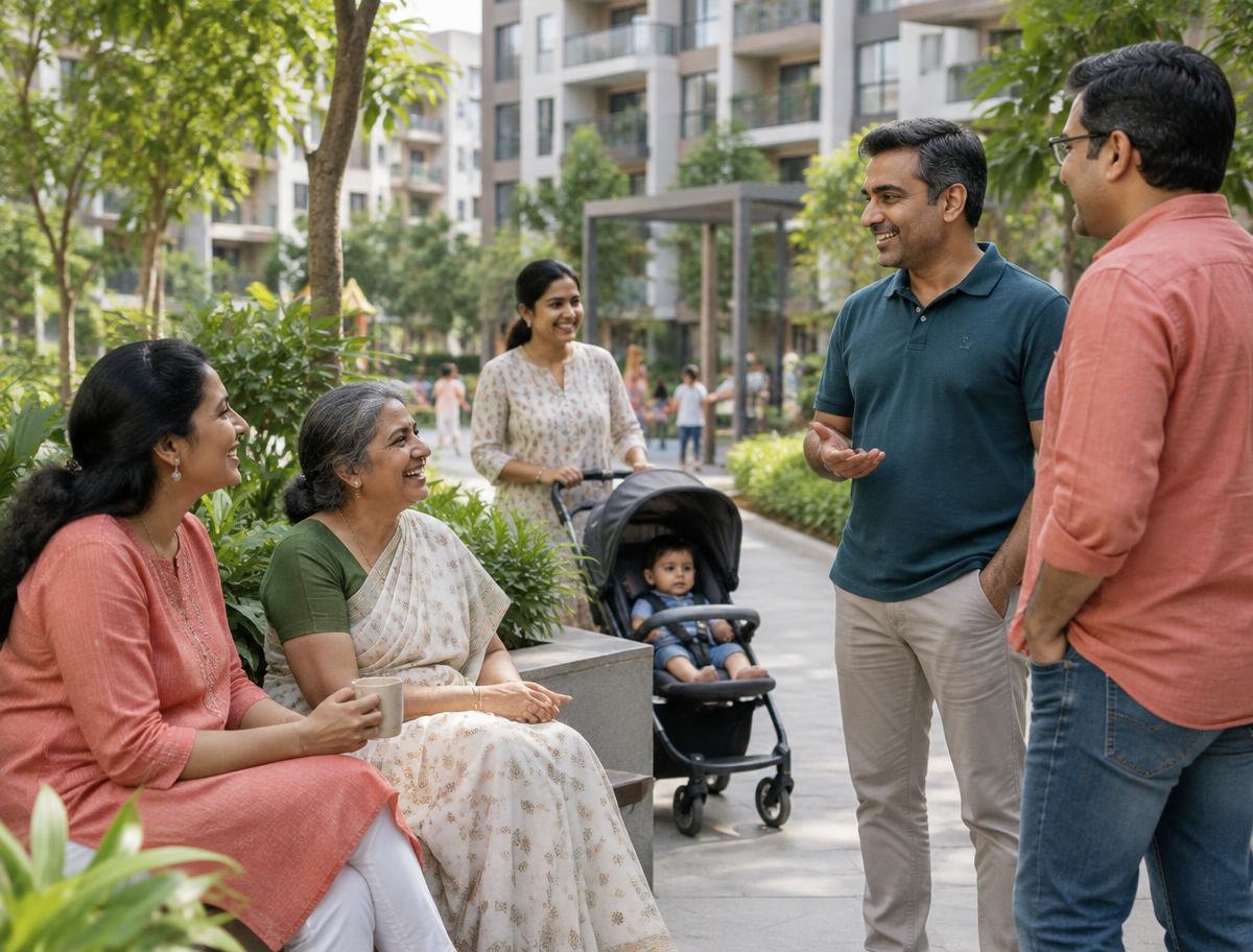 Neighbors connecting in a shared courtyard